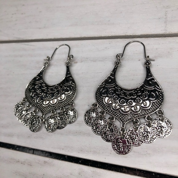 Sky Vintage Silver Tone Bohemian Coin Metal Drop Earrings - Picture 3 of 3